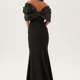 Goddiva Off Shoulder Back Satin Bow Scuba Maxi Dress