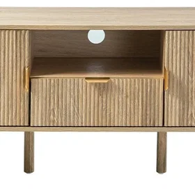 CALICOSY Meuble TV 2 portes effet chêne façades lames arrondies 140cm