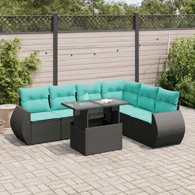 vidaXL Garden Sofa Set 7 Pieces with Cushions Black Rattan Acacia 3326648