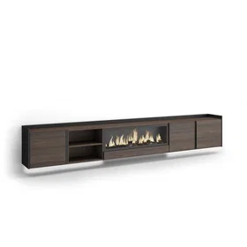 SKRAUT Meuble TV effet bois de chêne et noir cheminée effet feu 315x35x50cm