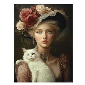 UN Tableau Femme Avec Chat Et Fleurs Alu-Dibond Multicolore 100x75cm