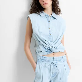 French Connection Chess Twist Cropped Denim Shirt 6-Pack (Dam)