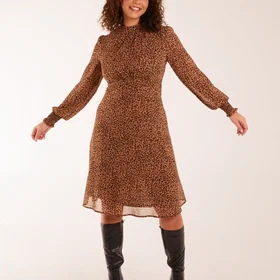 Blue Vanilla Shirring Cuff Swing Long Sleeve Dress