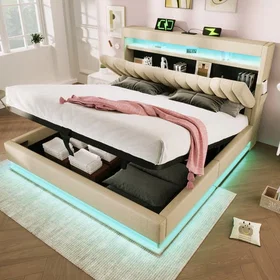 WELLTIN Box-Spring Bed med Förvaringsgavel & USB & USB C Portar LED Plattformssäng
