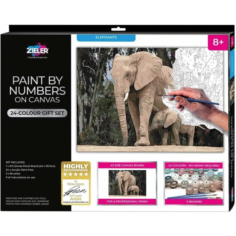 ON Paint by Numbers A3 Canvas Board – Elephants 24-Colour Gift Set 3 Brushes| by Zieler