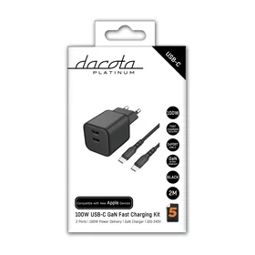 Dacota Platinum DP100W2U2MBK Kakso USB-C GaN Seinäladin 100W