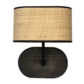 Coc'art H37 (Applique en bois brûlé noir et abat-jour en rotin tressé)