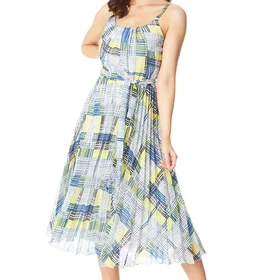Roman Check Print Pleated Midi Dress