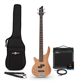 Gear4music Left Handed Bass Guitar Natural 15W Bass Amp & Accessory Pack