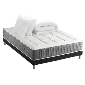 Ensemble Matelas Ressort 7 zones H.30cm Sommier couette oreillers Fabriqué en France MAX Dimensions 140 x 190 cm, Sommier Noir