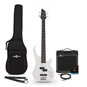 Gear4music Guitare Bas Chicago Blanche 15W Ampli Bas Pack