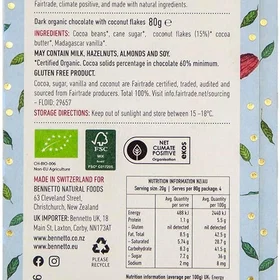 Bennetto Organisk mörk choklad med kokosflingor 80g-2 Pack