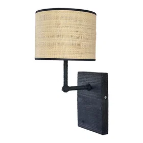 Coc'art H37 (Applique en bois brûlé noire et abat-jour en rotin tressé)