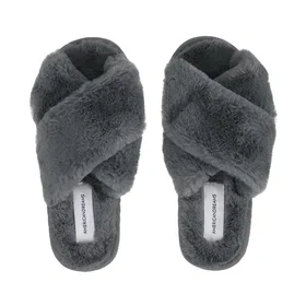 LongBay Fluffy Cross Band Faux Fur Slippers (Dame)