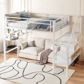 AMAKUS Lit Mezzanine 2 Places avec Escalier de Rangement pour Enfant Adulte 140x
