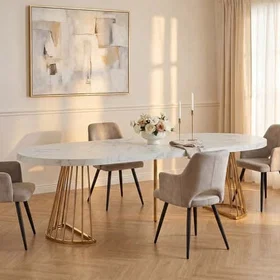 FIRELA spisebordsett med 4 KADIJA stoler hvit og beige marmoreffekt