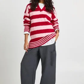 Boohoo V Neck Collared Stripe Jumper (Women's)