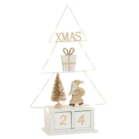 J-line 03666093163854 Sapin en bois blanc avec calendrier et LED 19x7.5x31cm Cal