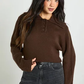 Boohoo Oversized Collar Knitted Polo Jumper (Women's)