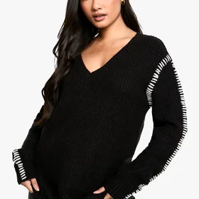 Boohoo Premium Contrast Trim V Neck Longline Jumper (Women's)
