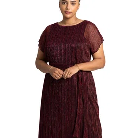 Roman Curve Metallic Plisse Midi Dress
