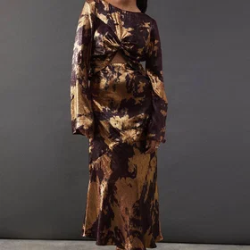 Warehouse Metallic Marble Twist Front Bias Midi Dress