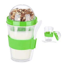 Relaxdays Uppsättning av 2 glas för flingor, yoghurt, flingor att ta med, inklusive sked, 400ml, höjd 16 x 8 cm, grön, 1 st