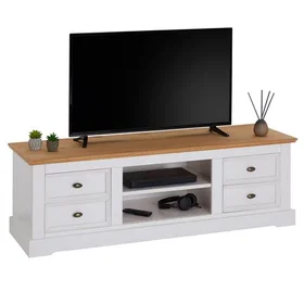 IDIMEX KENT Meuble TV 144cm Bois massif Blanc et Brun avec 4 tiroirs et 2 niches