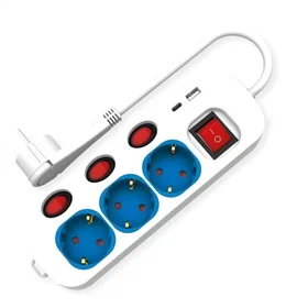 Roline 3-vägs grenuttag med strömbrytare och USB-laddare 1.5m 19072344
